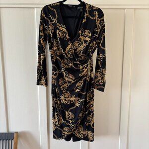 Thalia Sodi Gold Chain Faux Wrap Long Sleeve Midi Dress Mob Wife MEDIUM